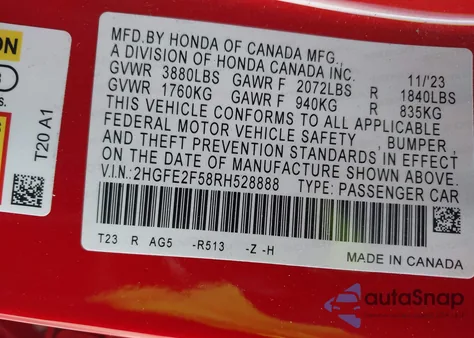 2024 Honda Civic Sport from USA, damaged, VIN 2HGFE2F58RH528888